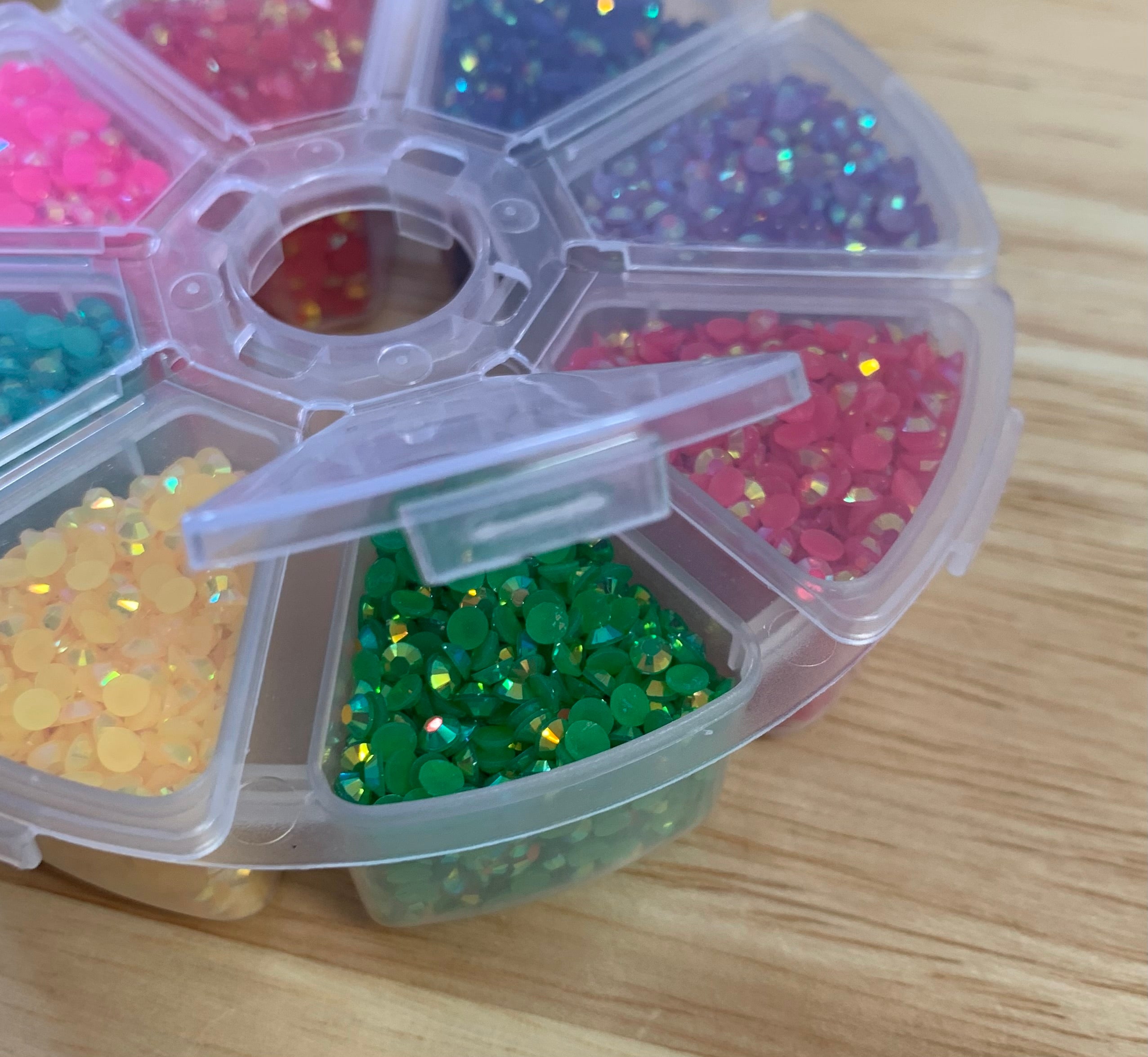 8pc Round Storage Container Full of BRIGHT JELLY AB RHINESTONES