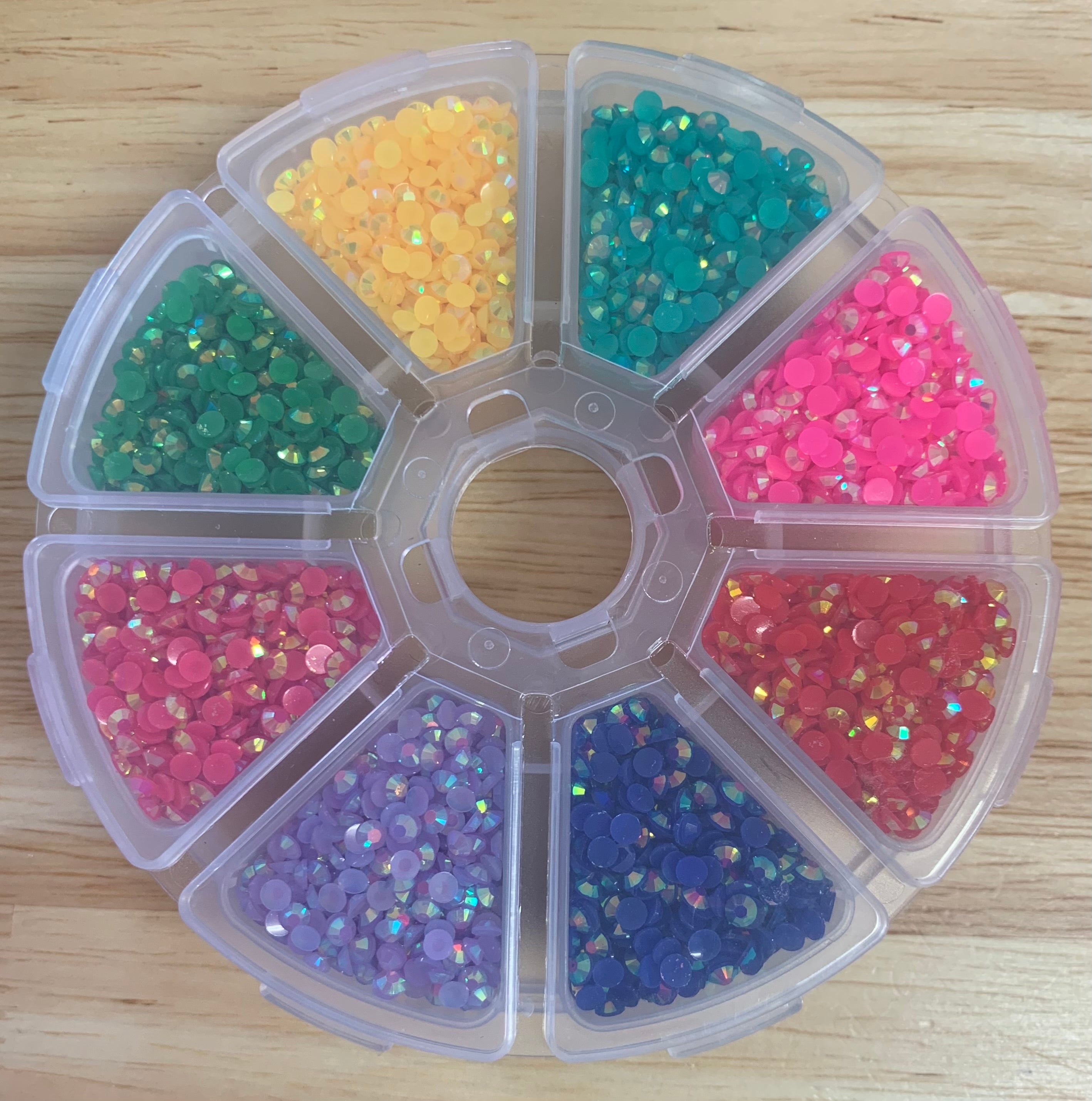8pc Round Storage Container Full of BRIGHT JELLY AB RHINESTONES