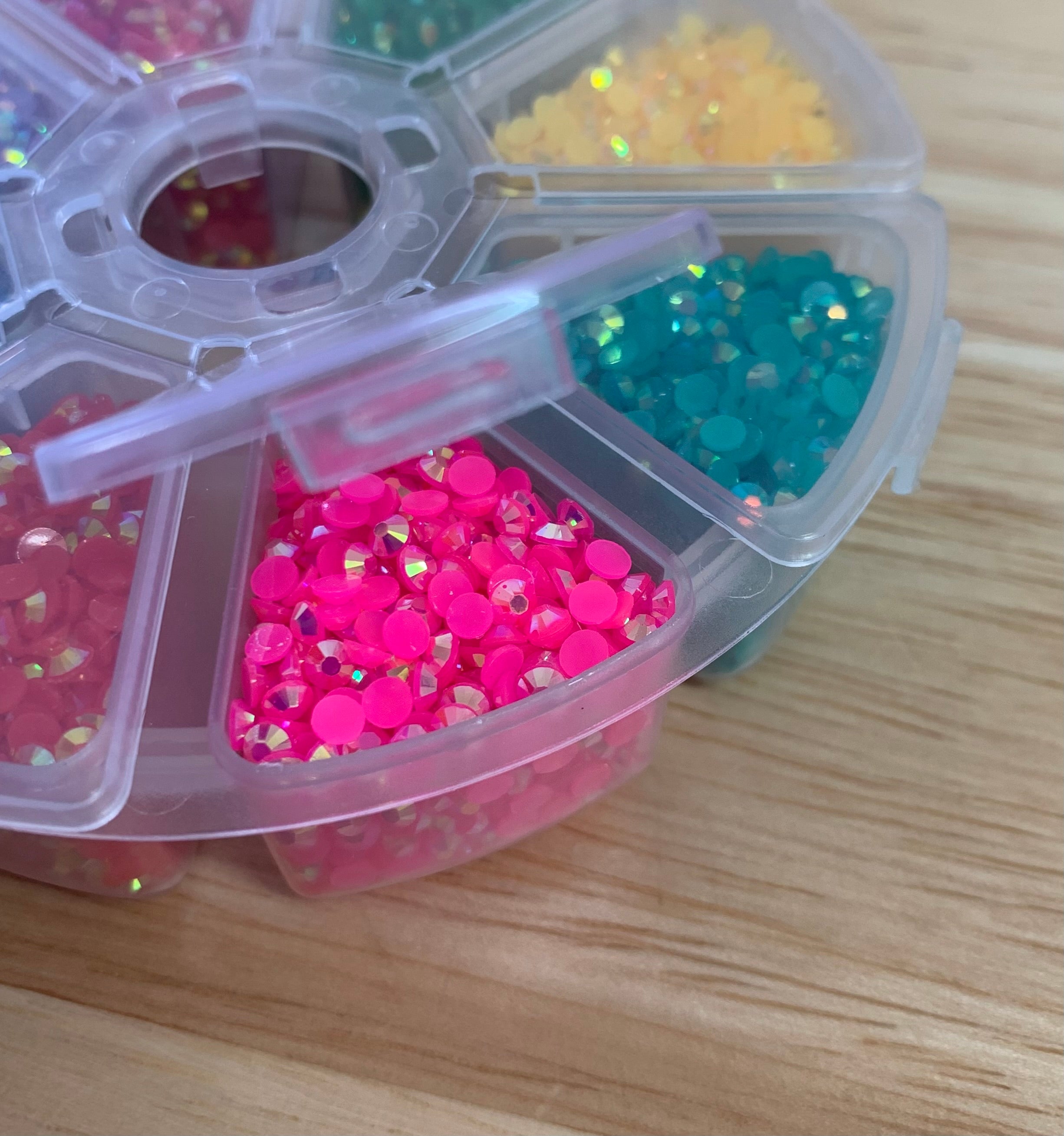 8pc Round Storage Container Full of BRIGHT JELLY AB RHINESTONES