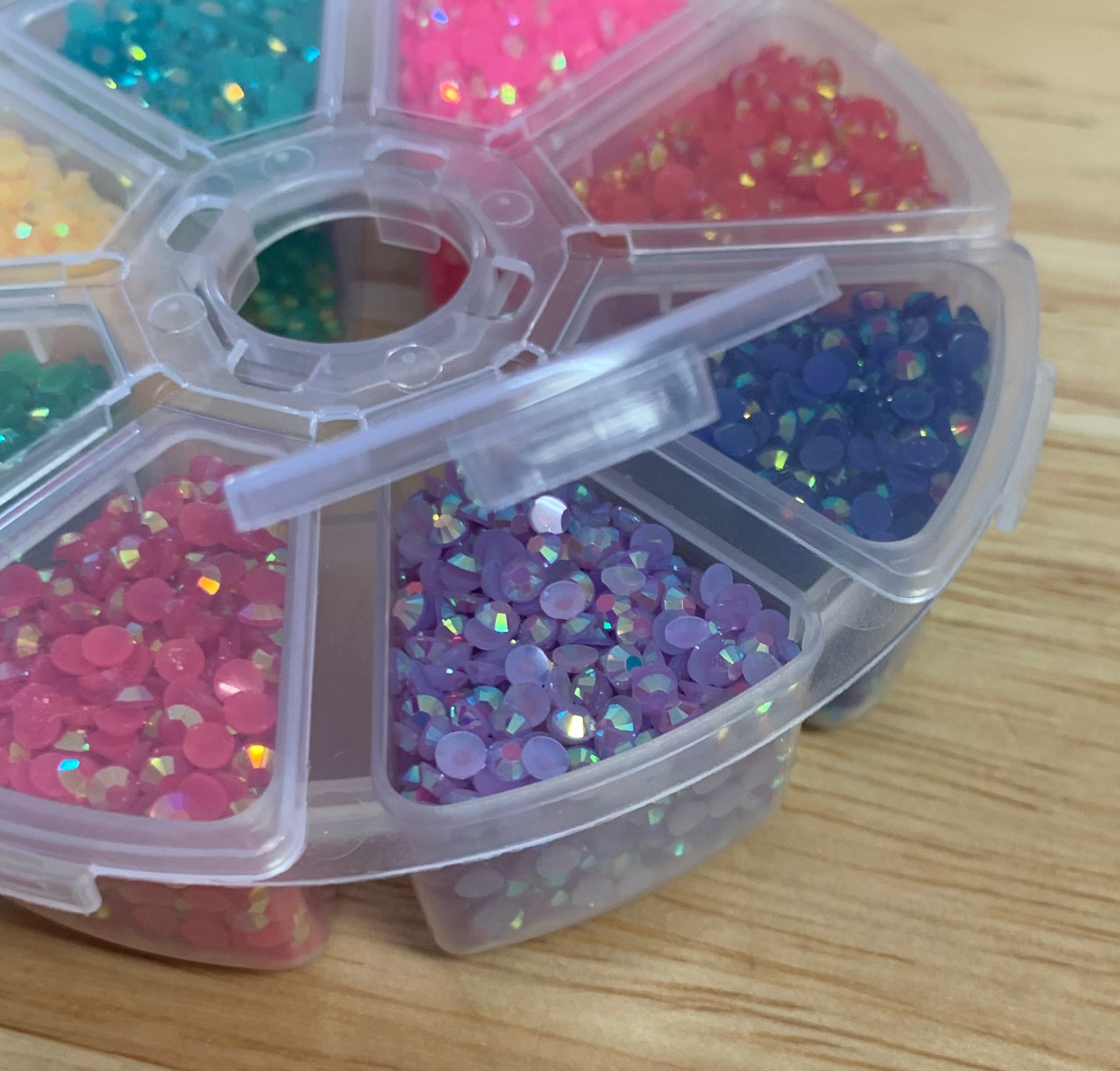 8pc Round Storage Container Full of BRIGHT JELLY AB RHINESTONES