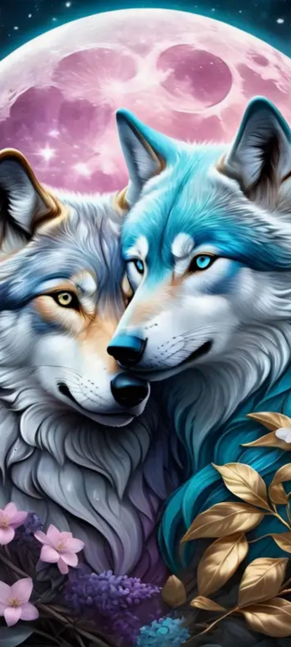 TWO WOLVES UNDER PINK MOON  - Full Drill Diamond Painting - 40cm x 70cm