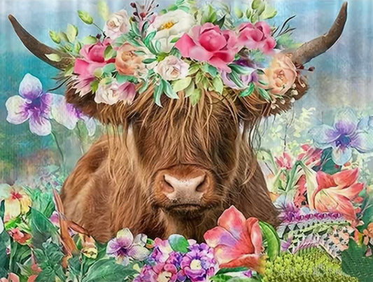 HIGHLAND COW IN A FLORAL HAT - Full Drill Diamond Painting - 35cm x 25cm