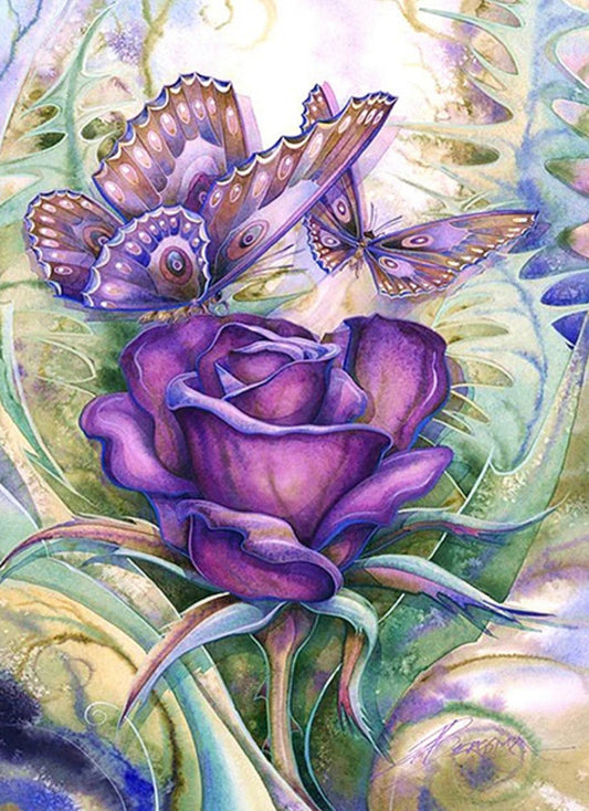 PURPLE ROSE WITH BUTTERFLIES  - FULL Drill Diamond Painting - 30cm x 40cm