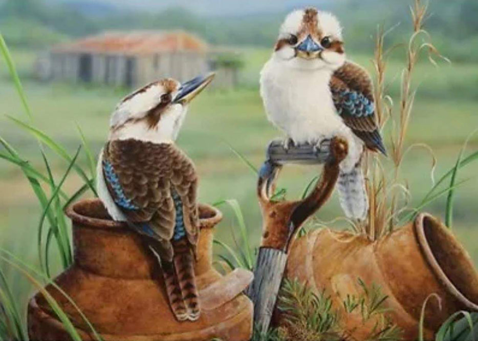 KOOKABURRA’S RESTING ON OLD MILK CANS - Full Drill Diamond Painting - 40cm x 30cm
