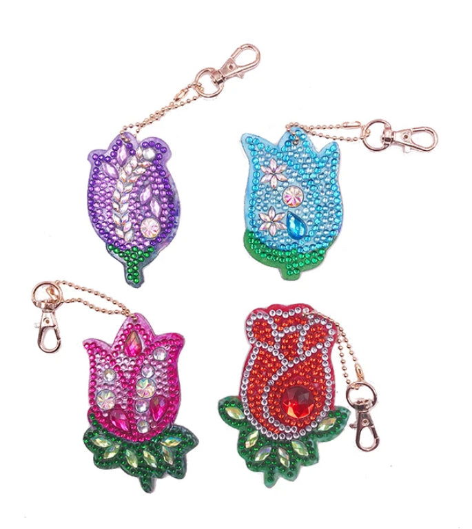 Set of 4 ROSE BUDS - Diamond Painting Key Rings