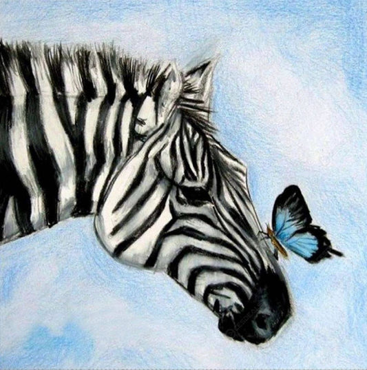 ZEBRA WITH BUTTERFLY ON HIS NOSE - Full Round Drill - 30cms x 30cms