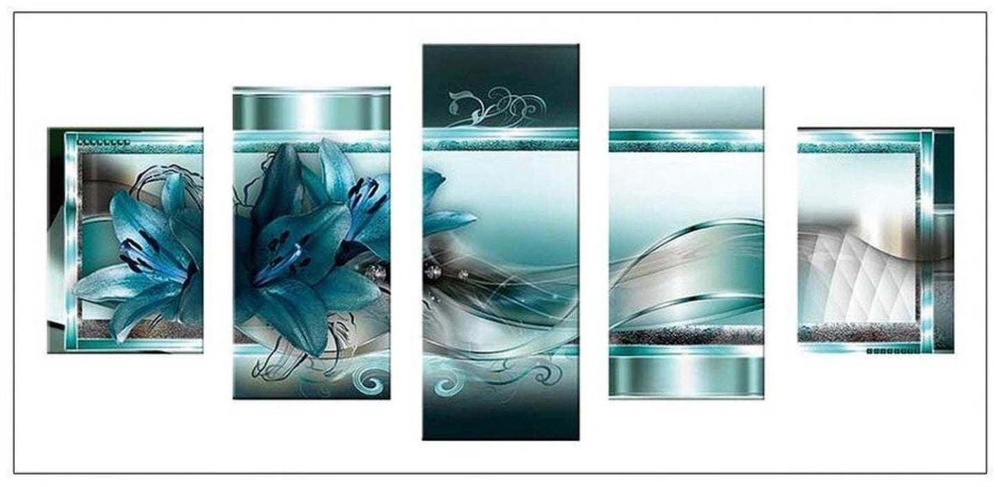 5 Panel BLUE FLOWER - Full Drill Diamond Painting - 95cms x 45cms