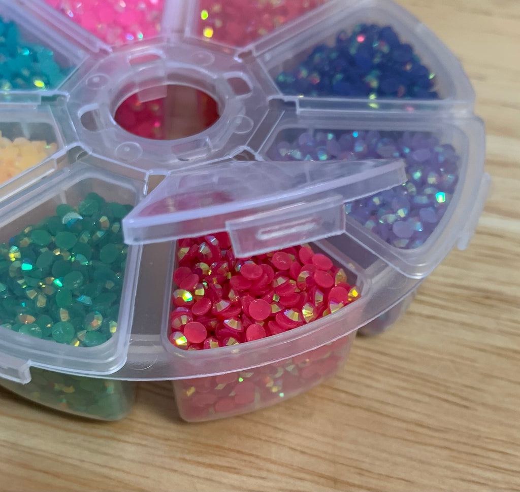 8pc Round Storage Container Full of BRIGHT JELLY AB RHINESTONES