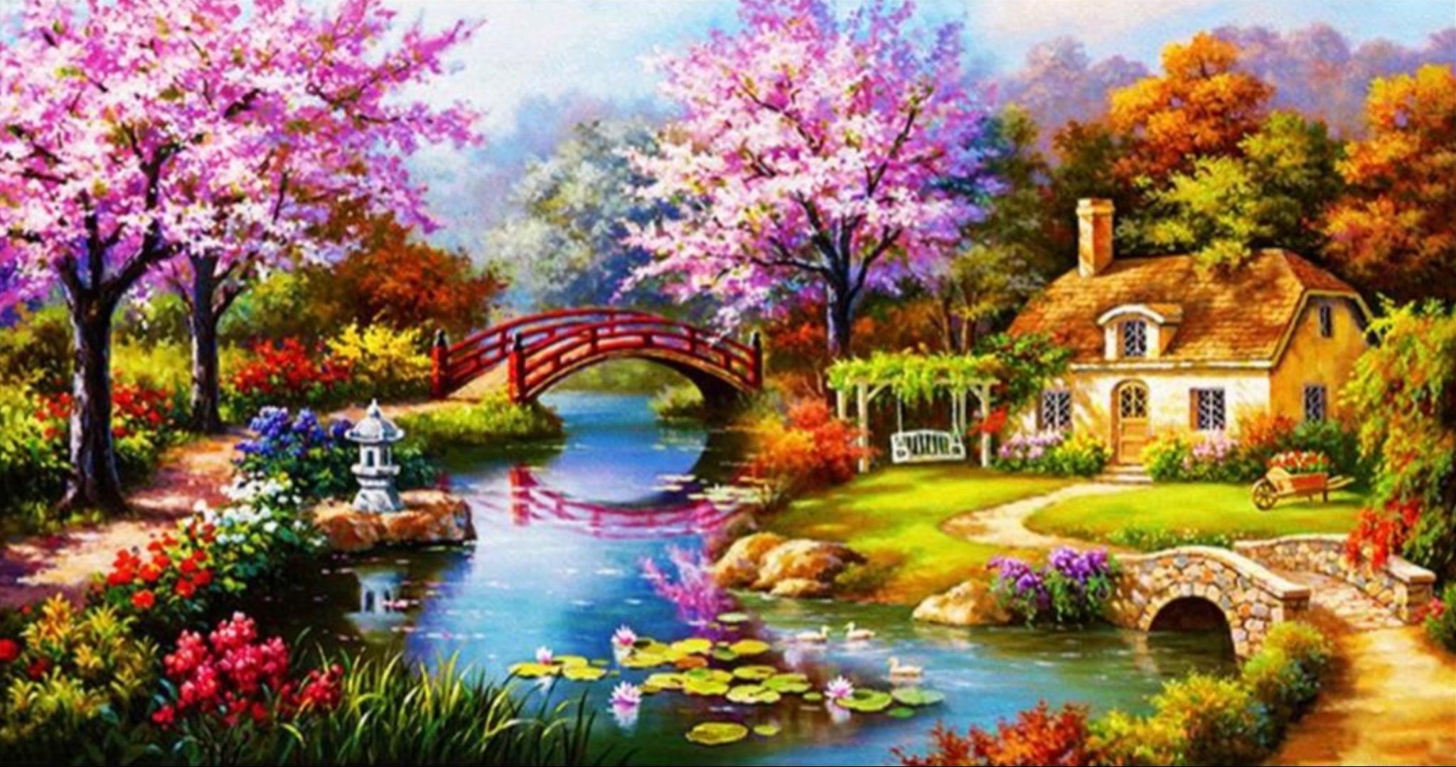 BEAUTIFUL FLOWERS BY THE RIVERS WAY - Full Drill Diamond Painting - 100cm x 50cm