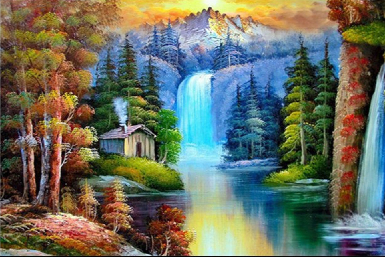 COTTAGE BY THE WATERFALL - Full Drill Diamond Painting - 50cm x 40cm