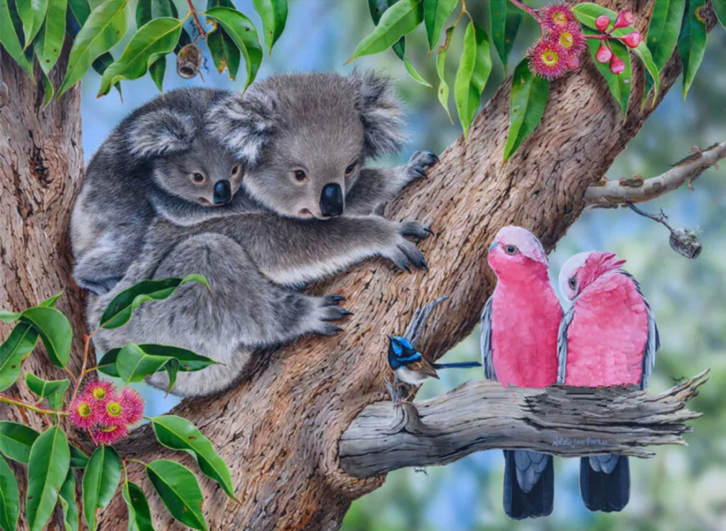 KOALA MUM & BUB TALKING TO THE GALAH FAMILY - Full Drill Diamond Painting - 50cm x 40cm