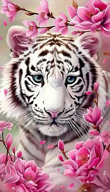 WHITE TIGER AMONG PINK FLOWERS - 5D Diamond Painting - 40cm x 70cm