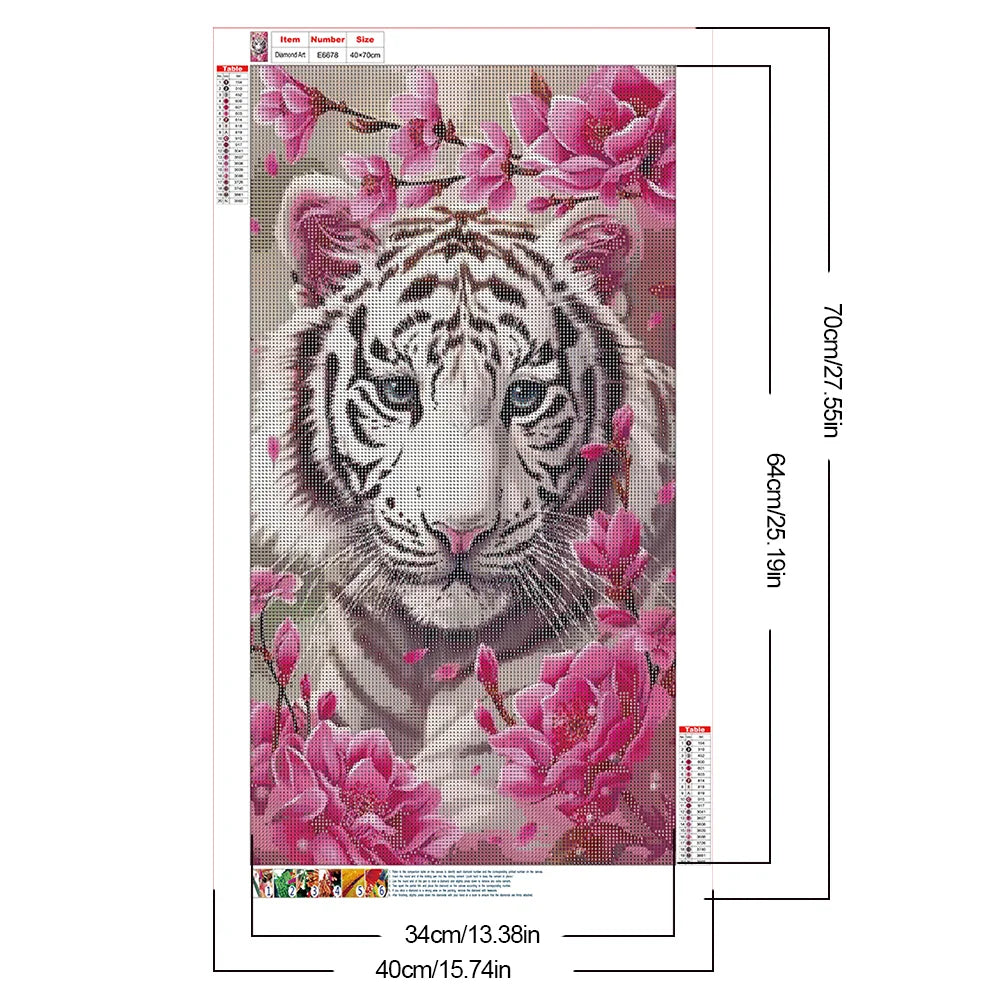 WHITE TIGER AMONG PINK FLOWERS - 5D Diamond Painting - 40cm x 70cm
