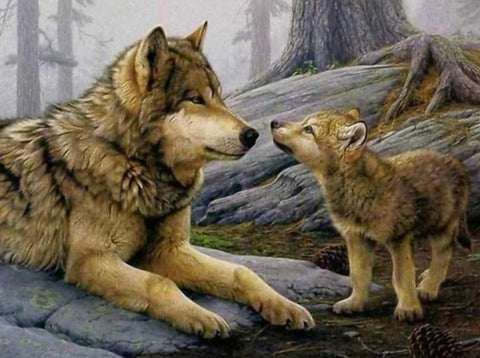 MOTHER WOLF WITH CUB - Partial Drill Diamond Painting - 50cm x 40cm