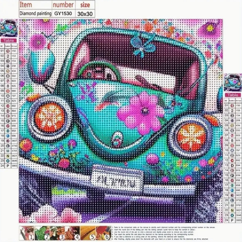 FLOWER POWER BEETLE BUG CAR - Full Drill Diamond Painting  - 30cm x 30cm