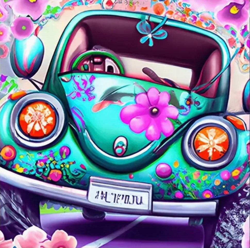 FLOWER POWER BEETLE BUG CAR - Full Drill Diamond Painting  - 30cm x 30cm