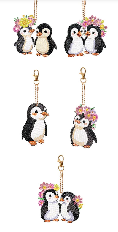 Set of 5 - CUTE PENGUINS - Diamond Painting Key Rings