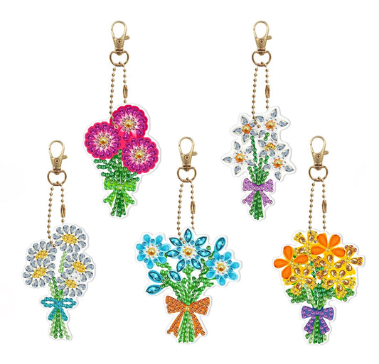 Set of 5 - BUNCH OF FLOWERS - Diamond Painting Key Rings