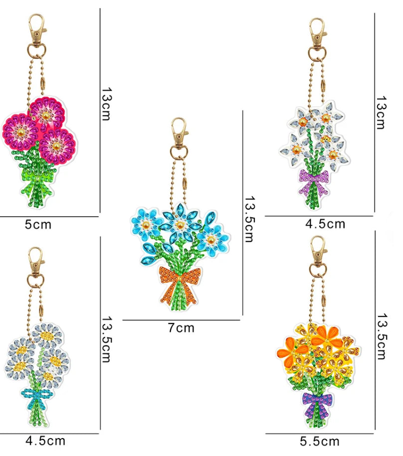 Set of 5 - BUNCH OF FLOWERS - Diamond Painting Key Rings