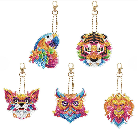 Set of 5 - COLOURFUL ANIMALS - Diamond Painting Key Rings