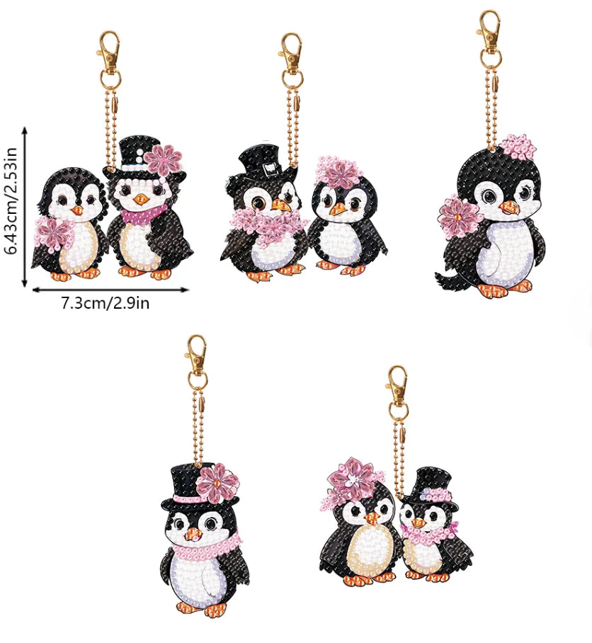 Set of 5 - PENGUINS IN TOP HATS - Diamond Painting Key Rings