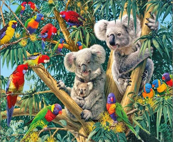 KOALA FAMILY WITH RAINBOW LORIKEETS - Full Drill Diamond Painting - 55cm x 45cm