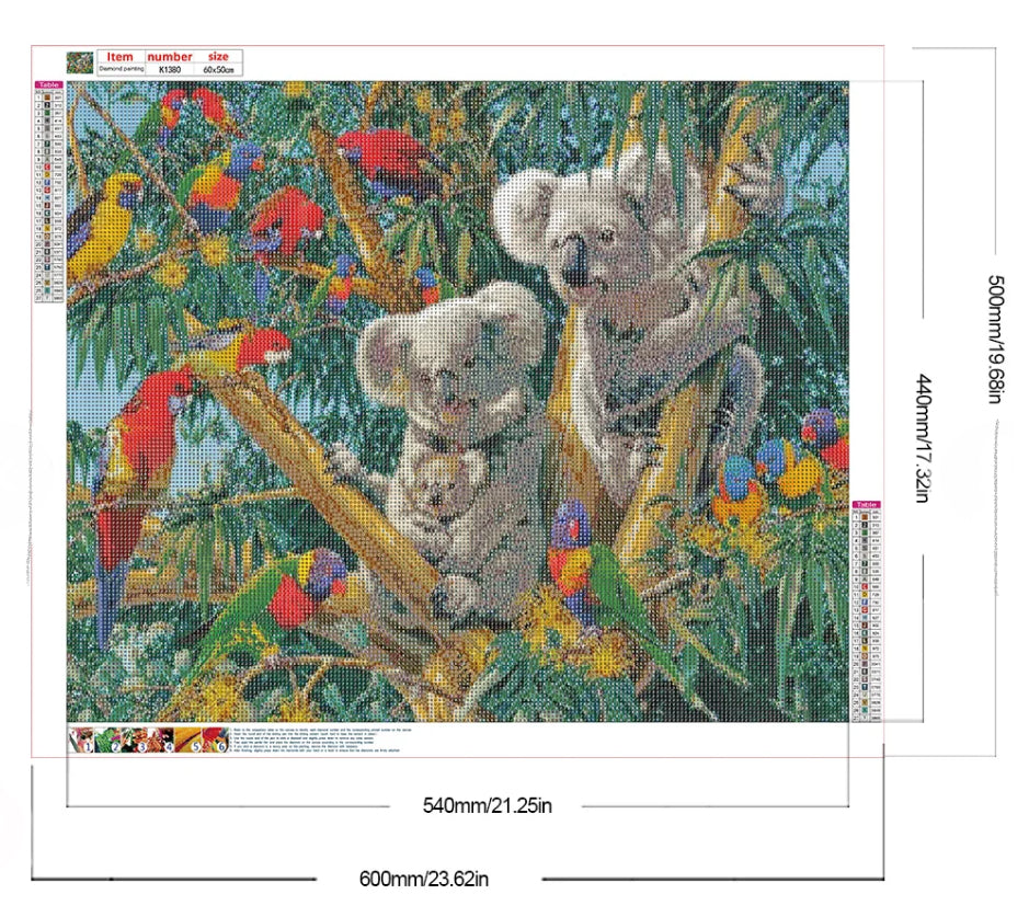 KOALA FAMILY WITH RAINBOW LORIKEETS - Full Drill Diamond Painting - 55cm x 45cm