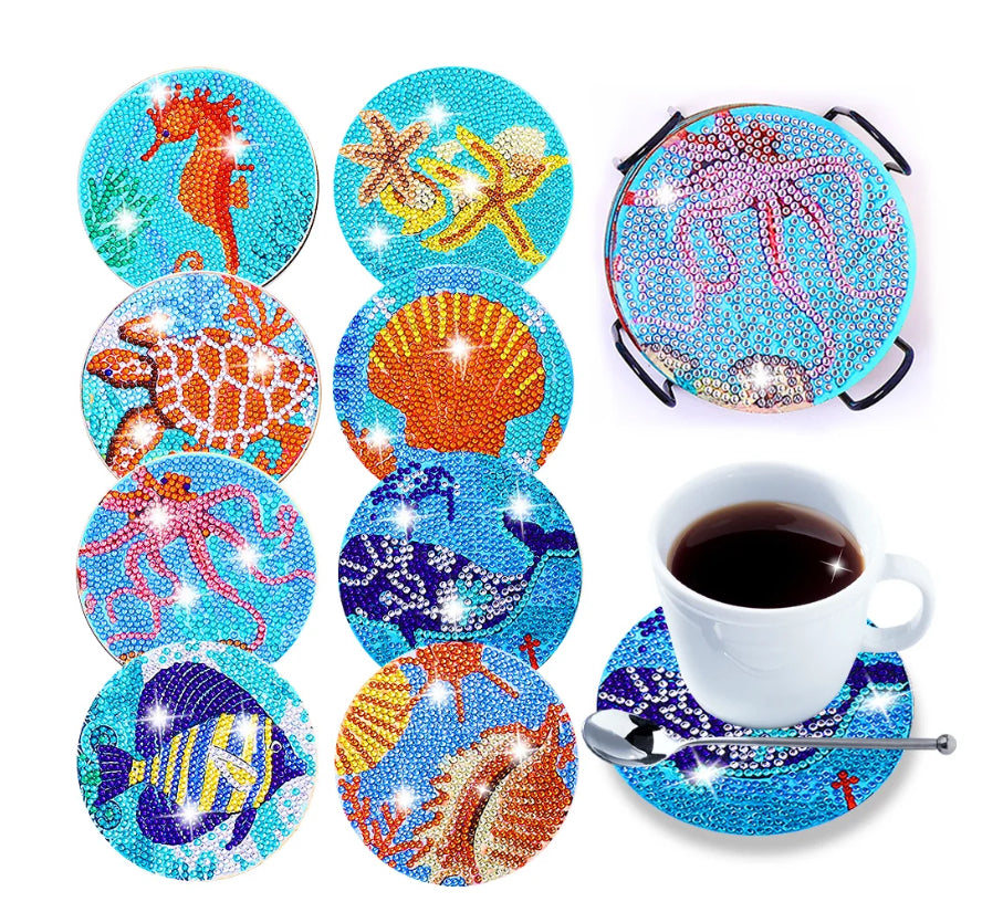 Special Drill SEA CREATURES Wooden Coaster Set