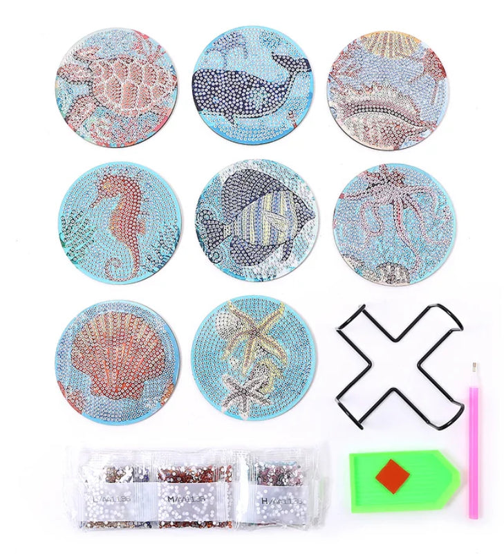 Special Drill SEA CREATURES Wooden Coaster Set