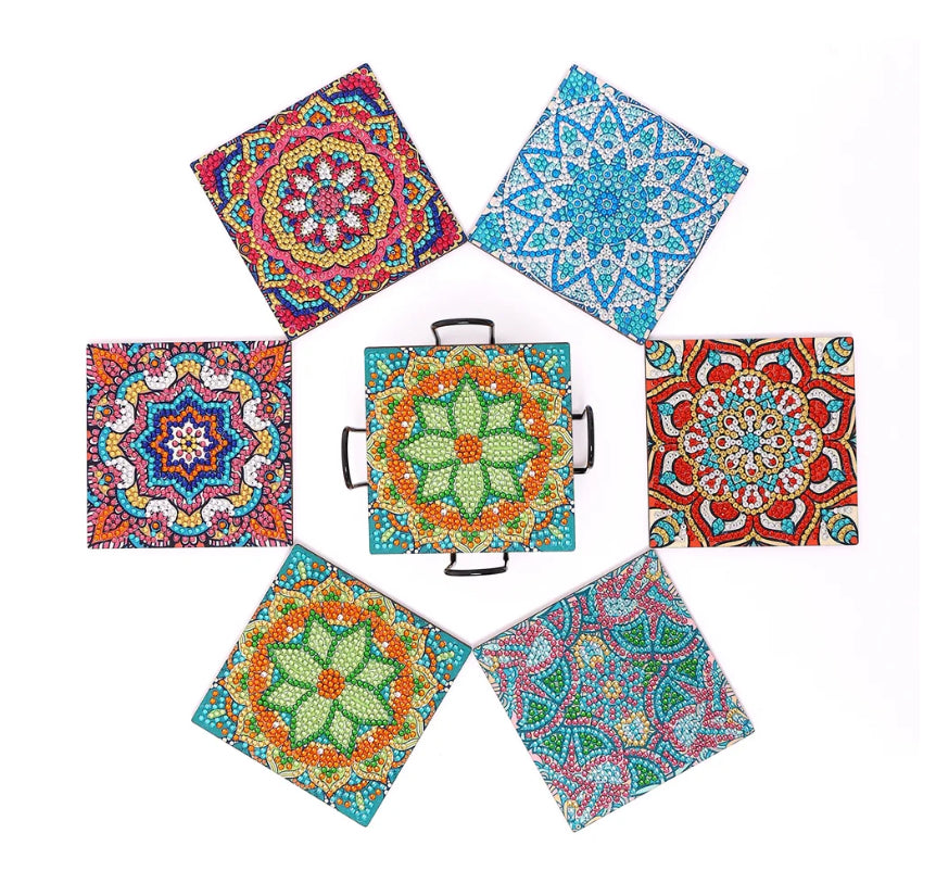 Special Drill MANDALA Square Shaped Wooden Coaster Set