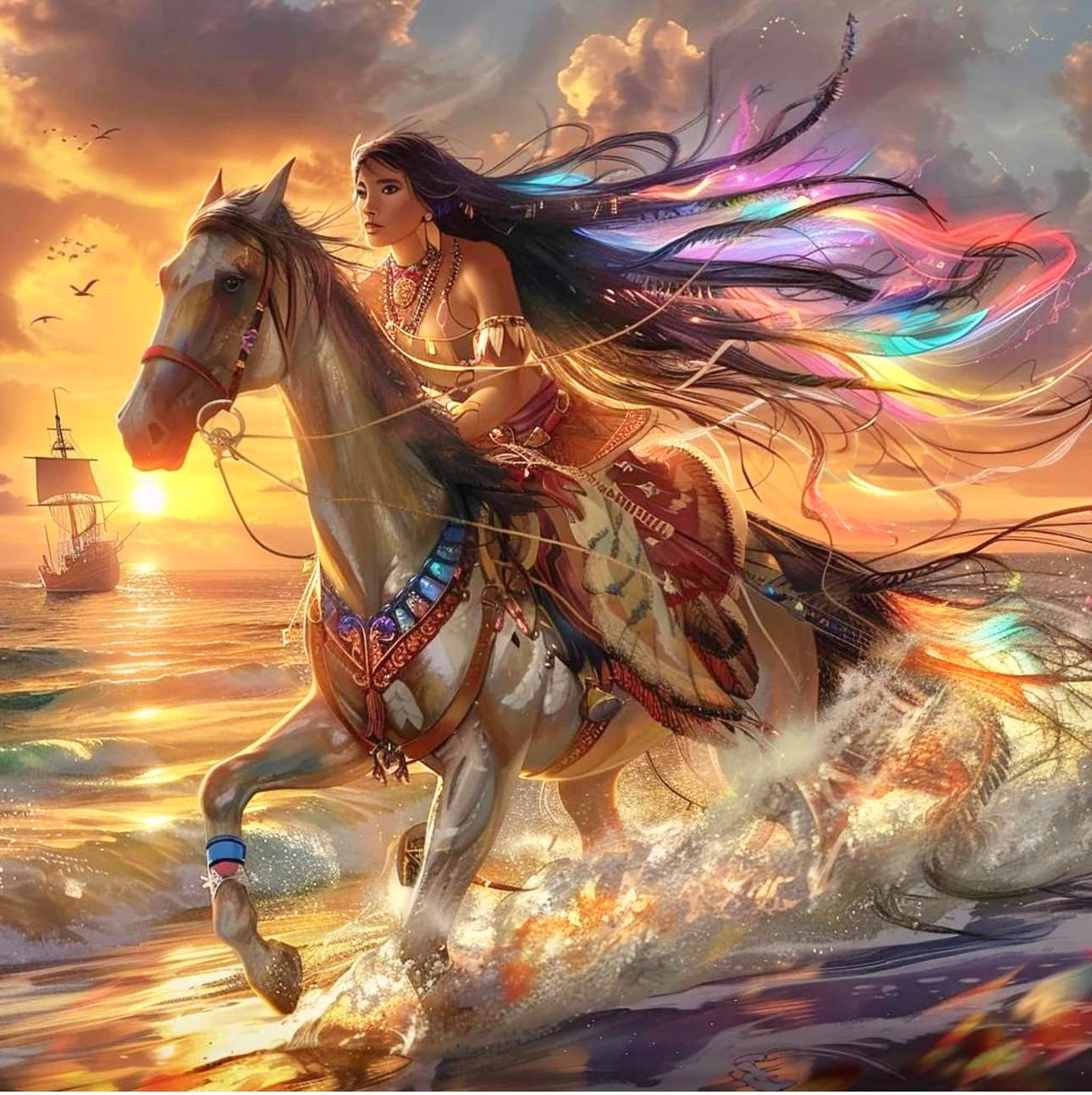 INDIAN LADY RIDING A HORSE - Full Drill Diamond Painting - 50cm x 50cm