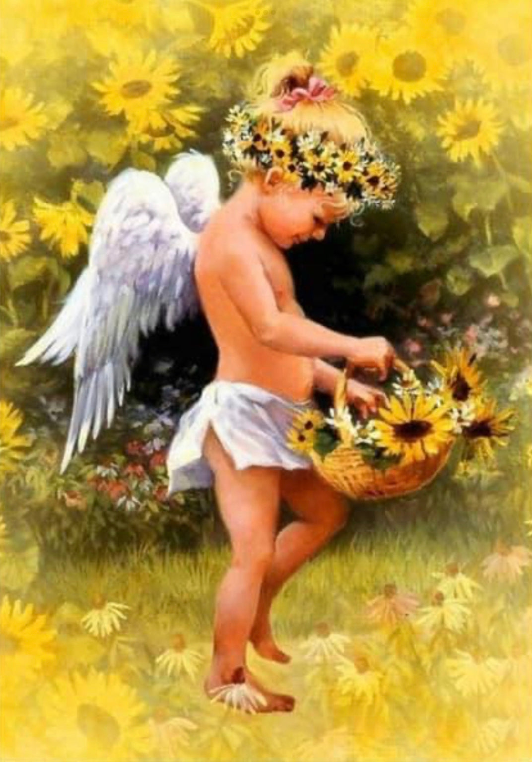 ANGEL CHERUB IN A SUNFLOWER GARDEN - Full Drill Diamond Painting - 25cm x 35cm