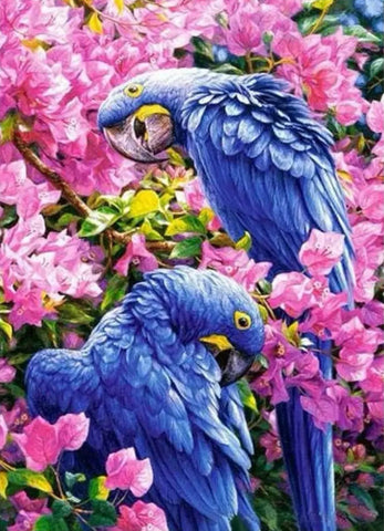 BLUE PARROTS IN THE FLOWERS - Full Drill Diamond Painting - 40cms x 50cms
