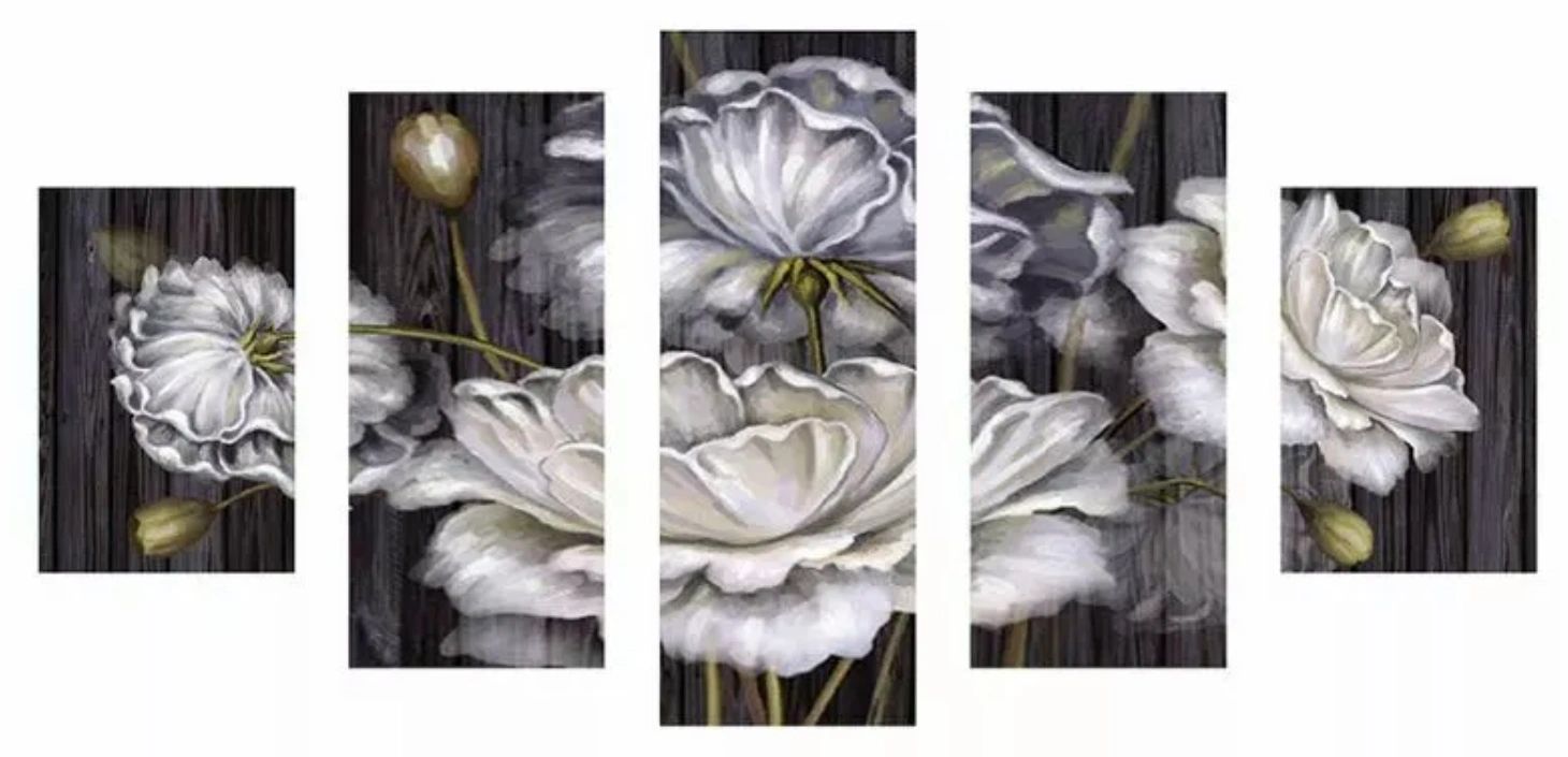 5 Panel WHITE FLOWERS - Full Round Drill - 95cms x 45cms