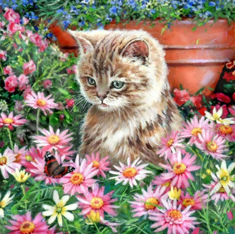 KITTEN MESMERISED BY A BUTTERFLY - Full Drill Diamond Painting - 30cm x 30cm