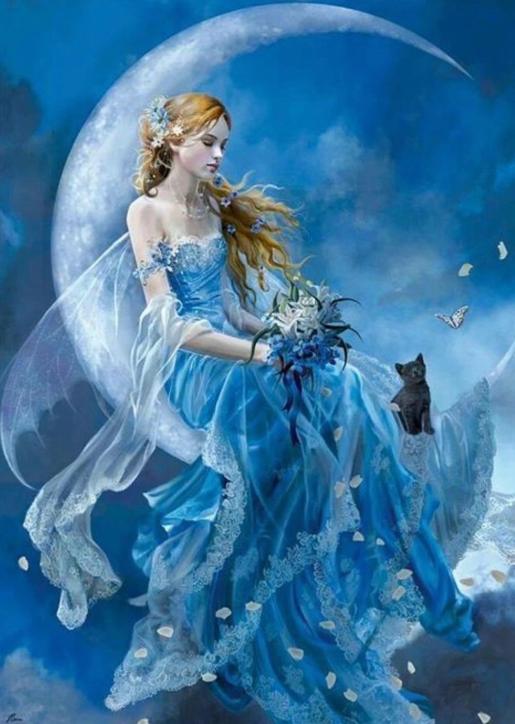 BLUE MOON FAIRY ON THE CREST OF THE MOON - Full Drill Diamond Painting - 40cm x 50cm