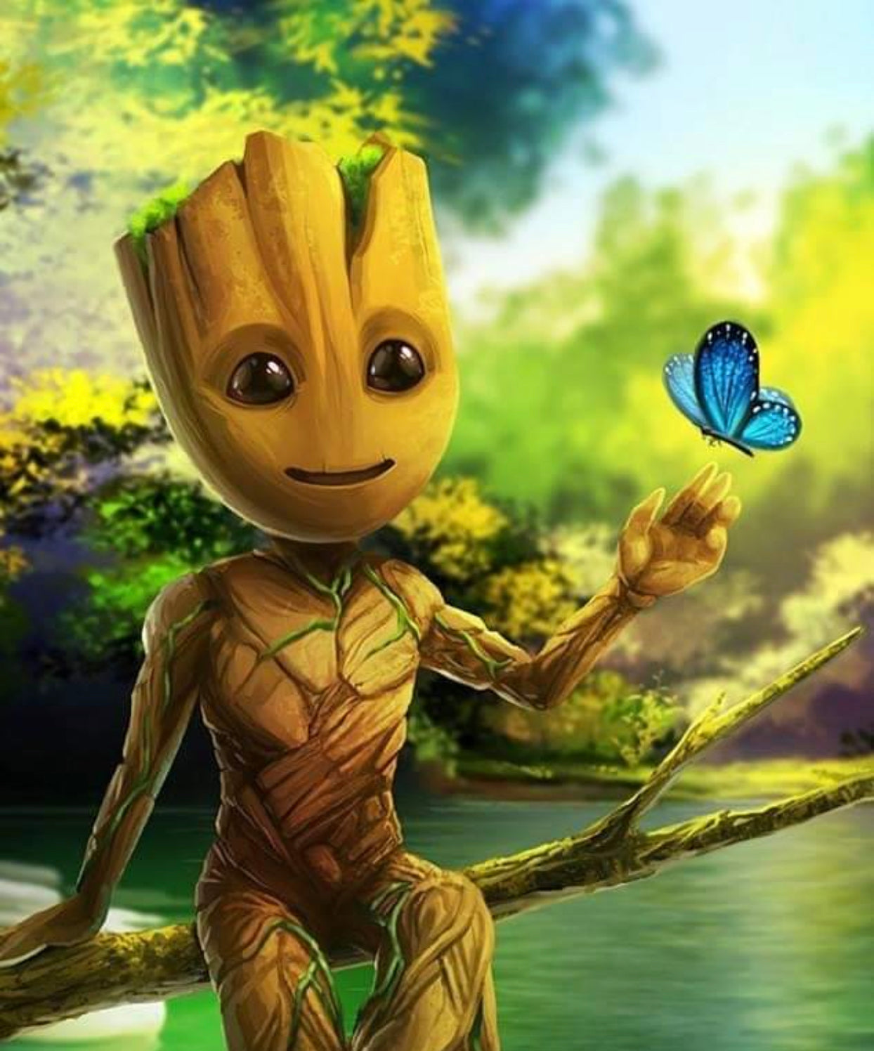 TREE BOY PLAYS WITH BLUE BUTTERFLY - Full Drill Diamond Painting - 30cms x 40cms