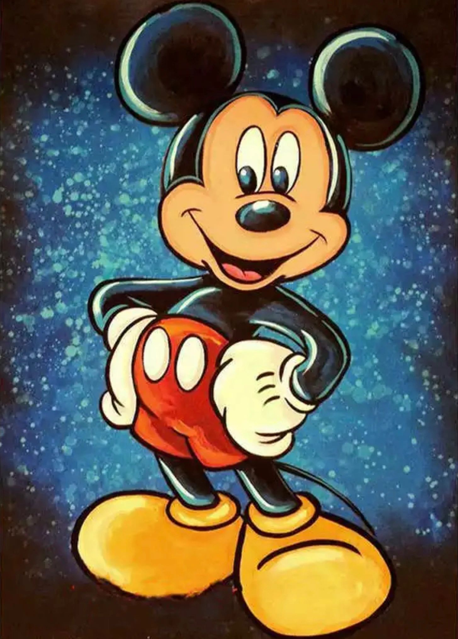 A colorful diamond painting of Mickey Mouse with a smile on his face, wearing his iconic black and red outfit against a starry background.